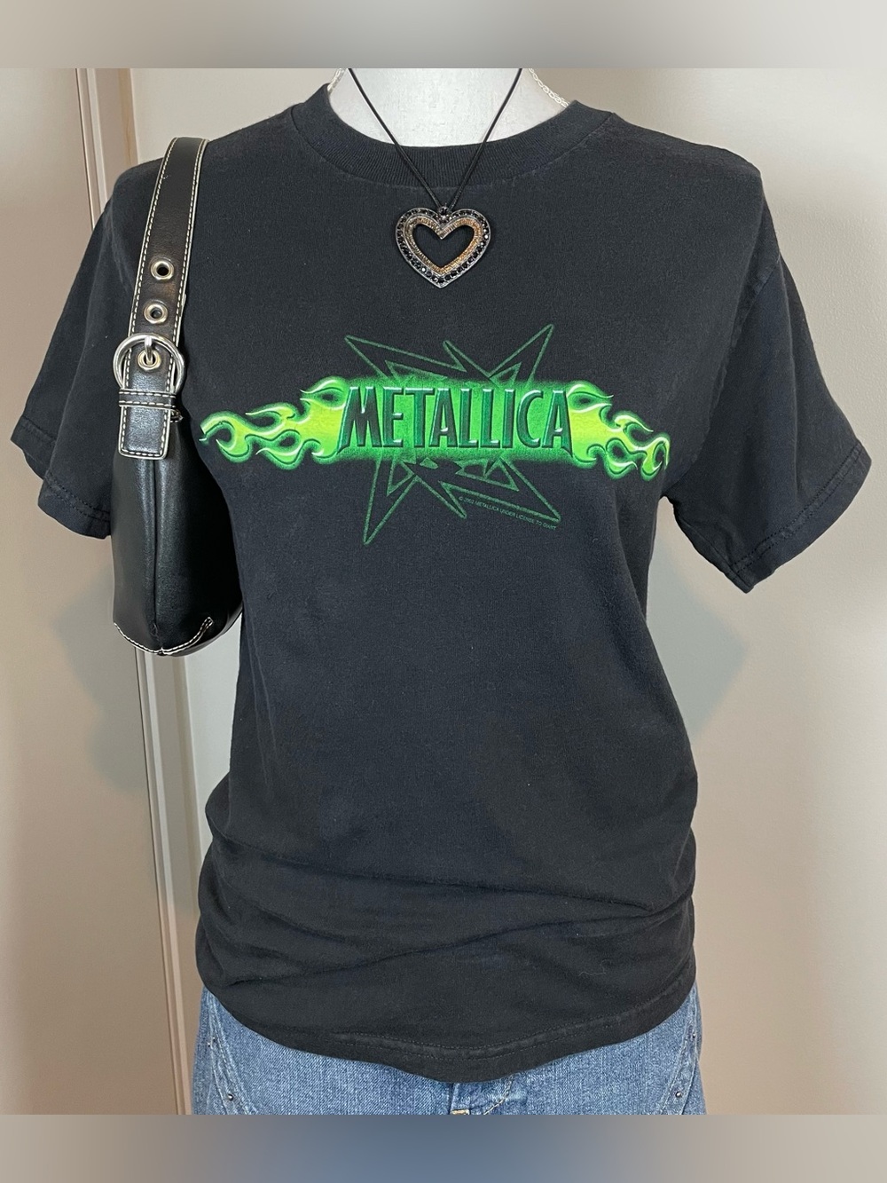 Y2K 2002 Metallica Black Neon Green Flames Small Graphic T-shirt